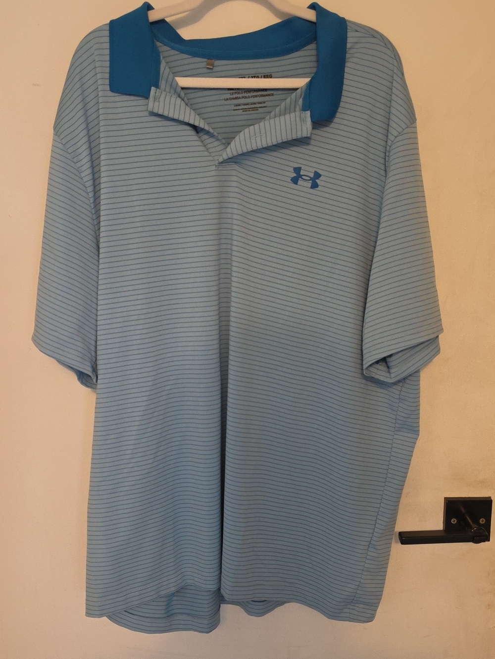Under Armour Men’s Sky Blue Thin-Striped Performance Polo with Teal Collar
